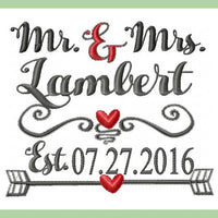 Mr. and Mrs. with Established Date - scrolly heart dividers machine embroidery design
