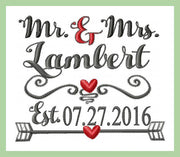 Mr. and Mrs. with Established Date - scrolly heart dividers machine embroidery design