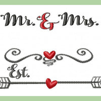 Mr. and Mrs. with Established Date - scrolly heart dividers machine embroidery design